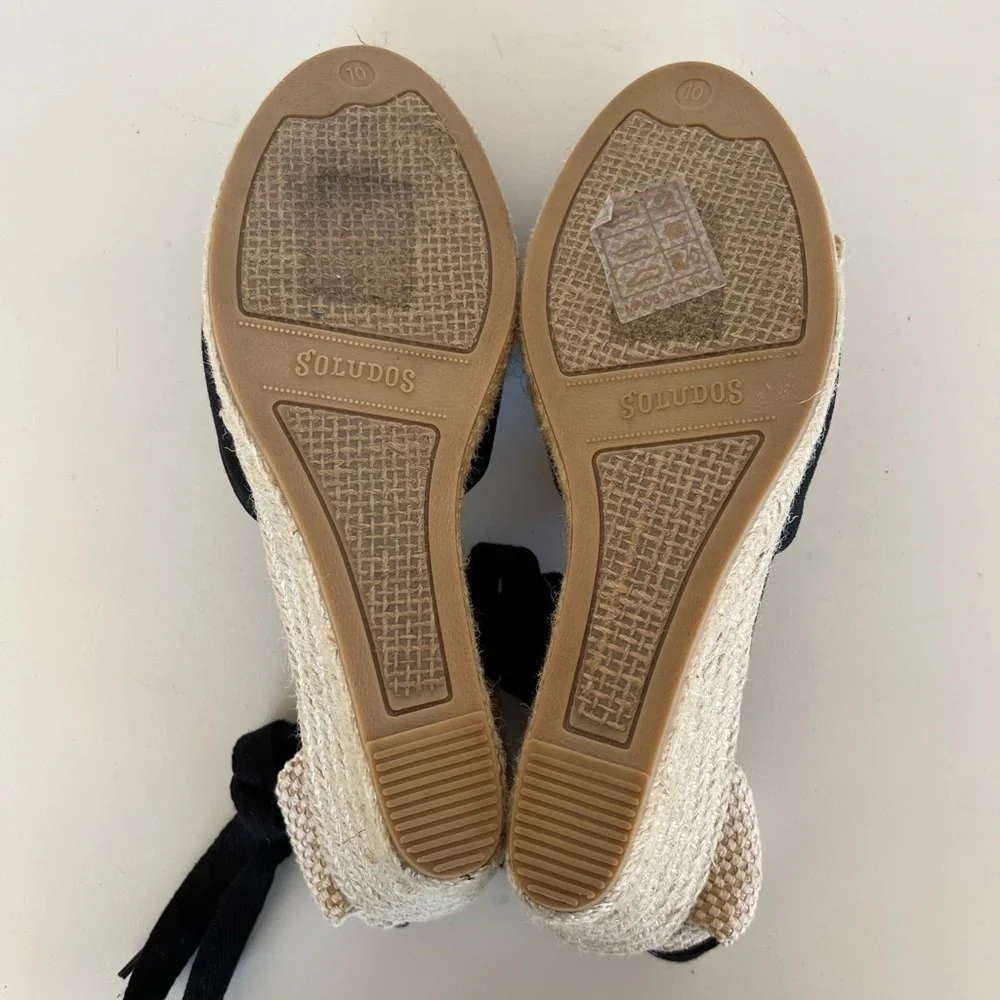 Soludos Marseille Ankle Tie 3.5” Jute Wedge Black Linen, size 10